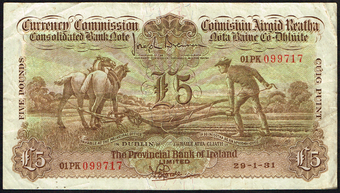 Currency Commission Consolidated Banknote 'Ploughman' Provincial Bank of Ireland Five Pounds 29-1-31 at Whyte's Auctions