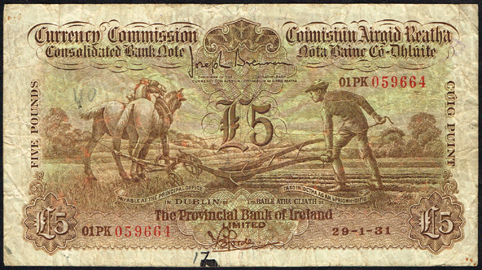 Currency Commission Consolidated Banknote 'Ploughman' Provincial Bank of Ireland Five Pounds 29-1-31 at Whyte's Auctions