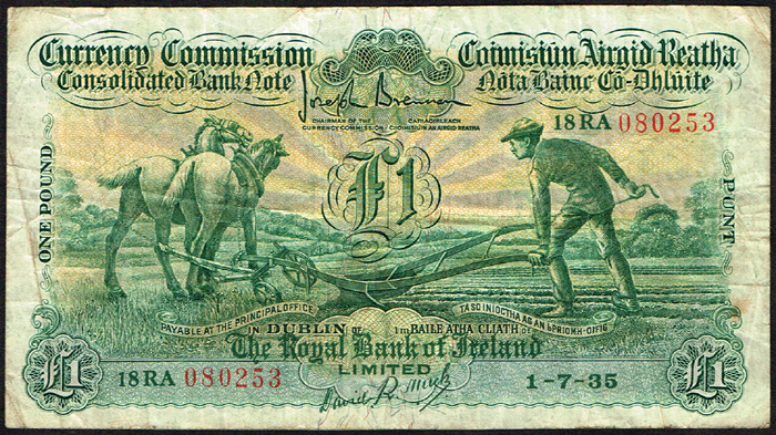 Currency Commission Consolidated Banknote 'Ploughman' Royal Bank of Ireland One Pound 1-7-35 at Whyte's Auctions