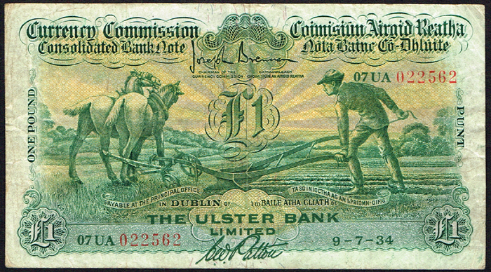 Currency Commission Consolidated Banknote 'Ploughman' Ulster Bank One Pound 9-7-34 at Whyte's Auctions