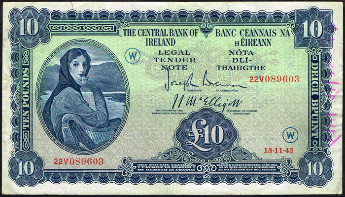 Central Bank of Ireland 'Lady Lavery' War Code Ten Pounds 13-11-43 at Whyte's Auctions