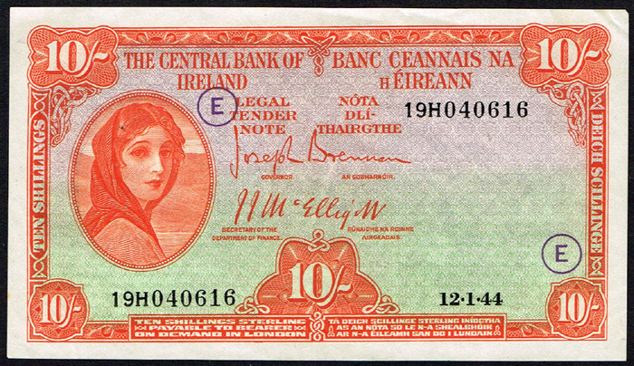 Central Bank 'Lady Lavery' Ten Shillings 12-1-44 War Code E at Whyte's Auctions