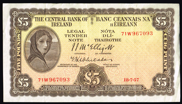Central Bank 'Lady Lavery' Five Pounds 1952-1960 at Whyte's Auctions
