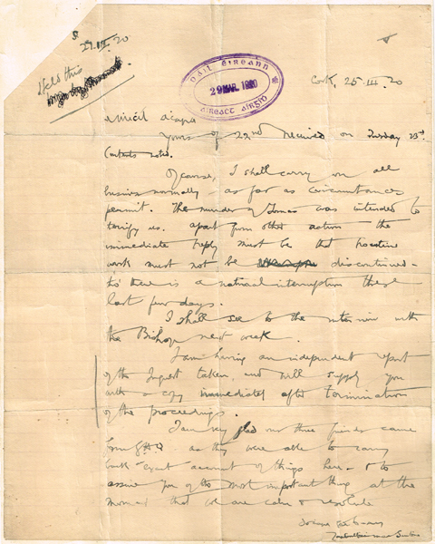 1920 (March 25) Letter from Terence MacSwiney to Michael Collins at Whyte's Auctions