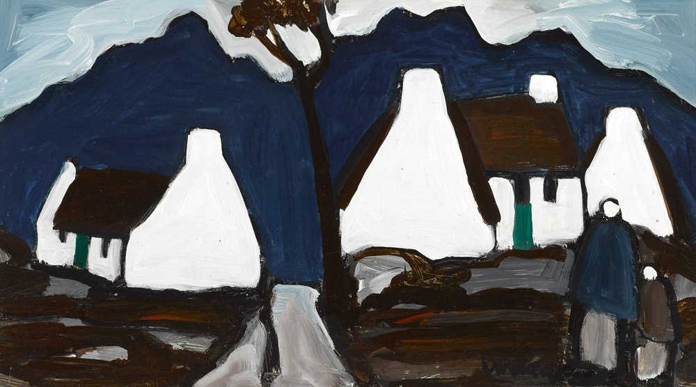 SHAWLIES, COTTAGES AND TREE BEFORE A MOUNTAIN by Markey Robinson (1918-1999) at Whyte's Auctions