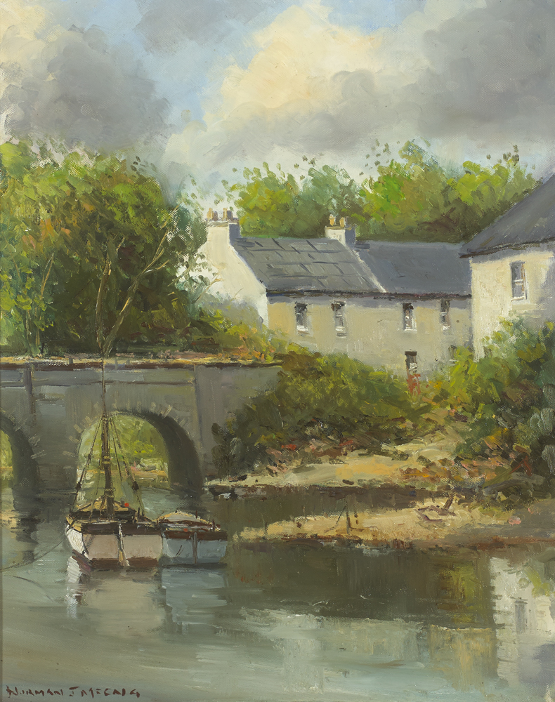 BOATS MOORED BY A BRIDGE by Norman J. McCaig sold for 950 at Whyte's Auctions