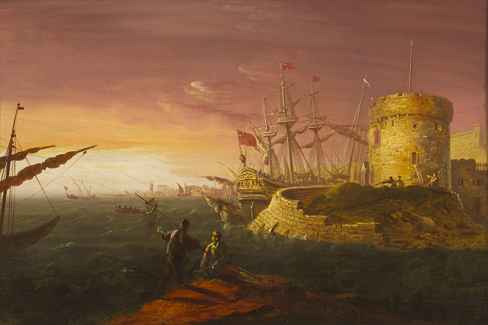 MARITIME SCENE WITH MARTELLO TOWER AND TALL SHIPS by William Sadler II sold for �2,125 at Whyte's Auctions