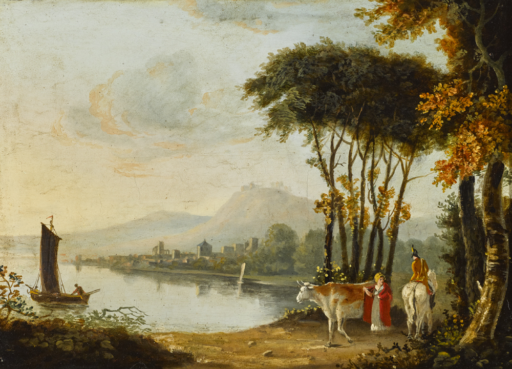 RIVER LANDSCAPE WITH A MOUNTED SOLDIER AND A RUSTIC WITH A COW at Whyte's Auctions