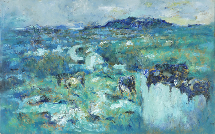 BLUE AND GREEN LANDSCAPE WITH CATTLE by Desmond Carrick RHA (1928-2012) at Whyte's Auctions