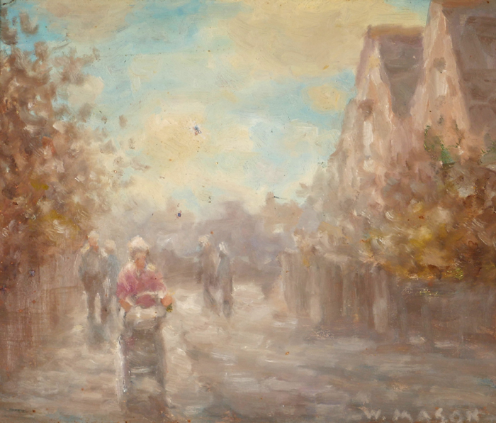STREET SCENE WITH FIGURE IN PINK by William Mason sold for �200 at Whyte's Auctions