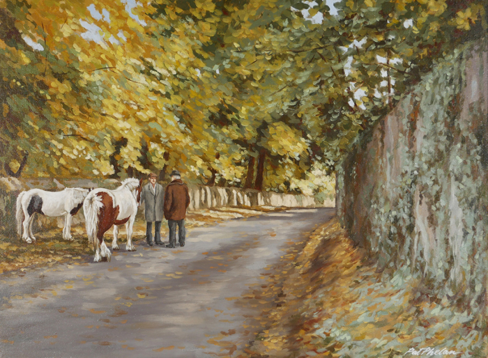 GENTLEMEN AND HORSES ON A BEND IN THE ROAD by Pat Phelan  at Whyte's Auctions