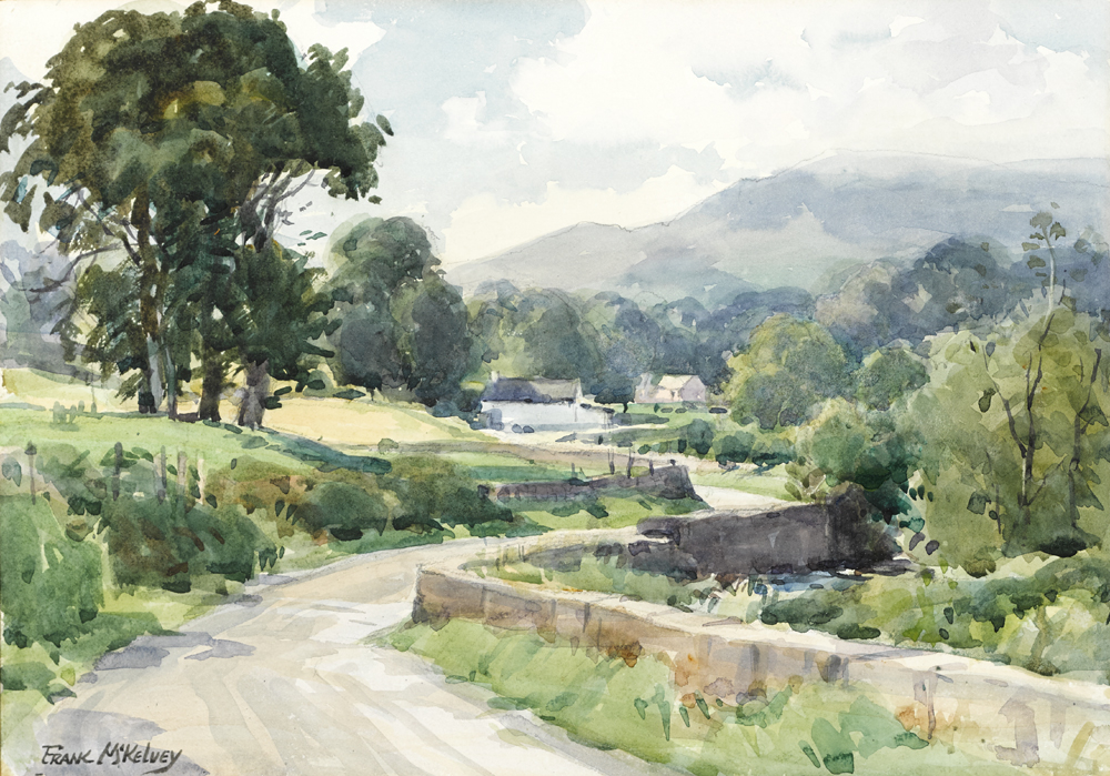 LANDSCAPE WITH COTTAGES AND MOUNTAINS IN THE DISTANCE by Frank McKelvey RHA RUA (1895-1974) at Whyte's Auctions