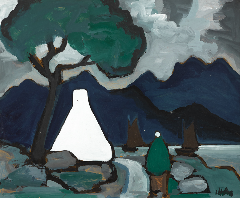 COTTAGE AND SHAWLIE BY A COAST ROAD by Markey Robinson (1918-1999) at Whyte's Auctions