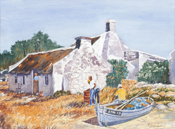 FISHERMEN'S COTTAGES, ARNISTON, CAPE, SOUTH AFRICA and SWELLENDAM COTTAGE, CAPE, SOUTH AFRICA (A PAIR) by M. Schoonraad sold for �220 at Whyte's Auctions
