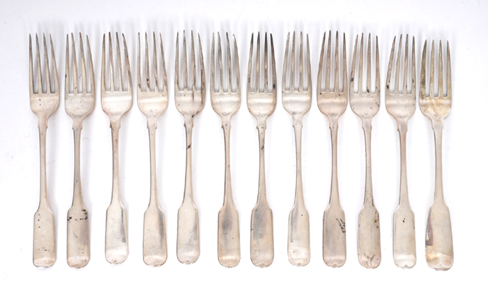 Irish silver side forks, twelve. at Whyte's Auctions