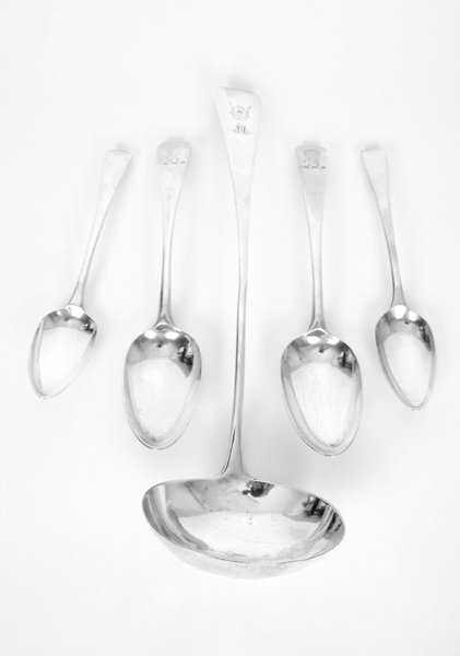Georgian silver, a soup ladle and two pairs of spoons. at Whyte's Auctions