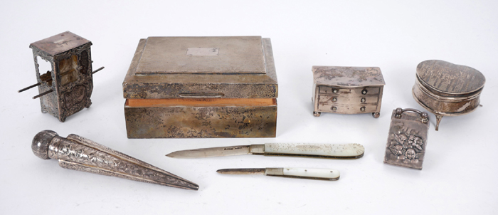 A Victorian silver scent bottle, a 1950s cigarette box and a collection of later silver objects. at Whyte's Auctions