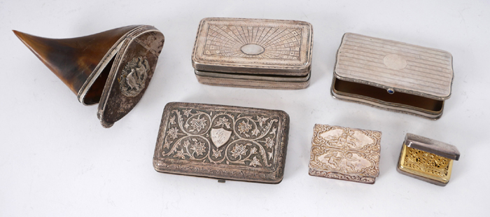 George III silver vinaigrette, a Victorian snuff mull and a collection of boxes. at Whyte's Auctions