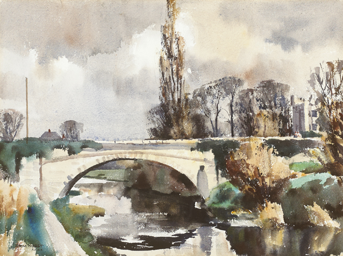 LANDSCAPE WITH RIVER AND BRIDGE by Tom Nisbet RHA (1909-2001) at Whyte's Auctions