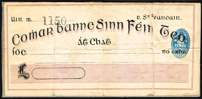 1908-21 Sinn Fin Bank cheque, unissued. at Whyte's Auctions