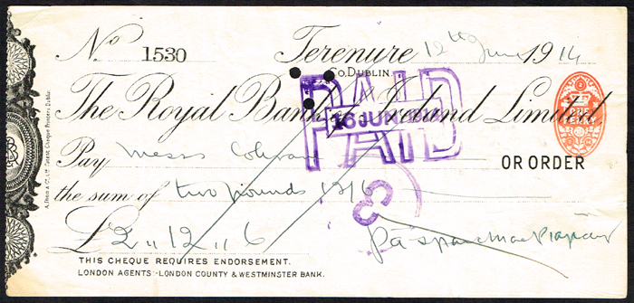 Pdraig Pearse handwritten and signed cheque, 12 June 1914. at Whyte's Auctions