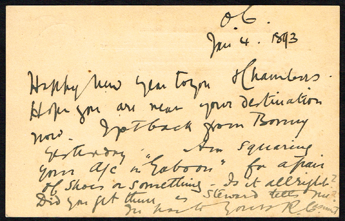 Roger Casement handwritten postcard to a colleague in the Colonial Service in the Niger Coast, 1893. at Whyte's Auctions
