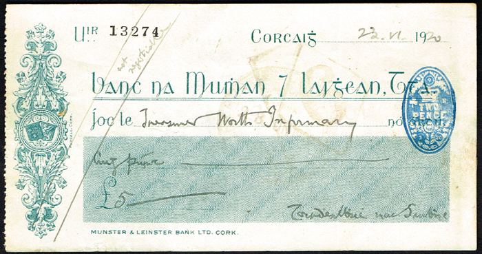1920, July 23, Cheque signed by Terence MacSwiney. at Whyte's Auctions