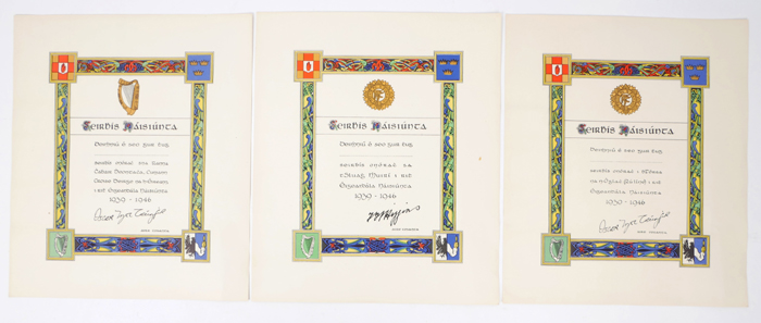 Three unissued Serbhs Nisinta certificates. at Whyte's Auctions