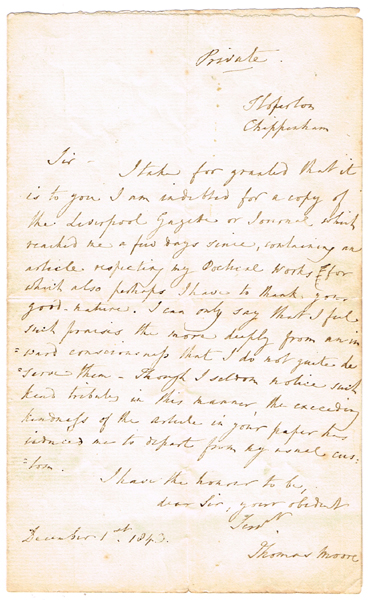 1843, December 1, letter from Thomas Moore and engraving. at Whyte's Auctions