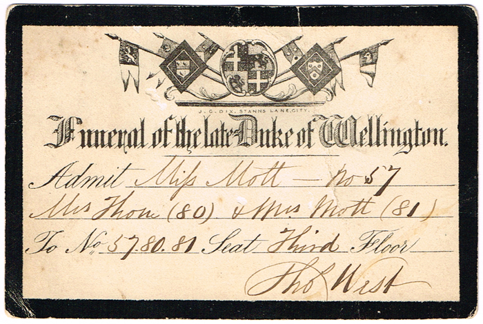 1852 Funeral of the Late Duke of Wellington, ticket. at Whyte's Auctions