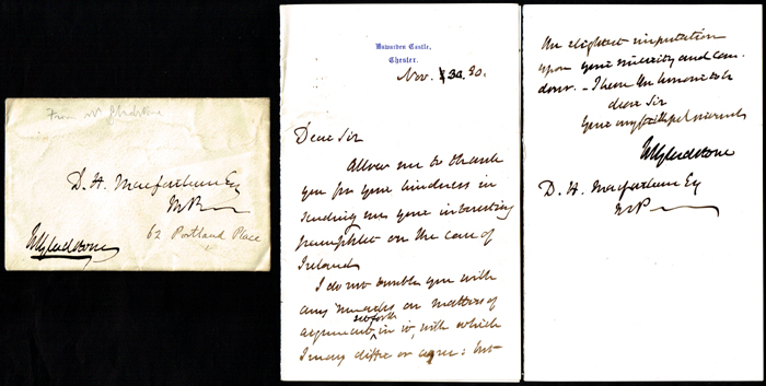 1880, November 30, Letter from William Gladstone to Donald Horne Macfarlane, MP for County Carlow. at Whyte's Auctions