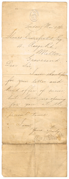 1881, March 29. Letter from Charles Stewart Parnell at Whyte's Auctions