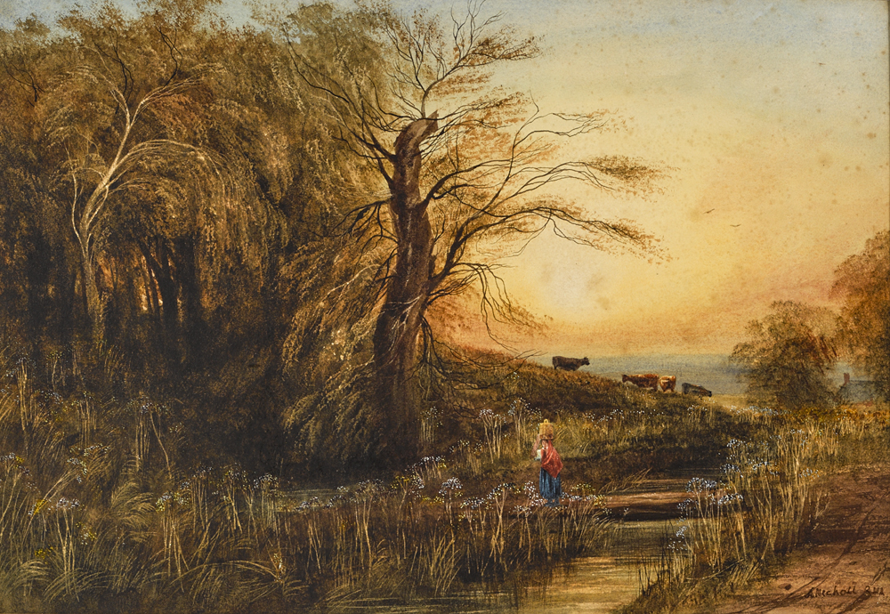 WOMAN AND CATTLE ON A COUNTRY PATH by Andrew Nicholl sold for 800 at Whyte's Auctions