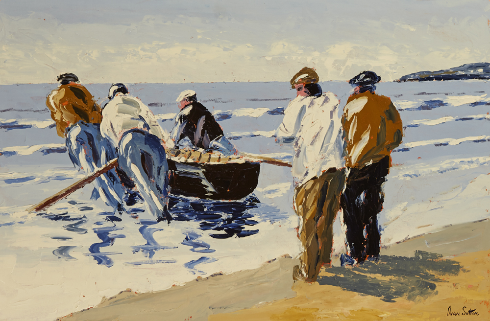 LAUNCHING THE CURRACH, ARANMORE, ARAN ISLANDS, COUNTY GALWAY by Ivan Sutton sold for 1,200 at Whyte's Auctions