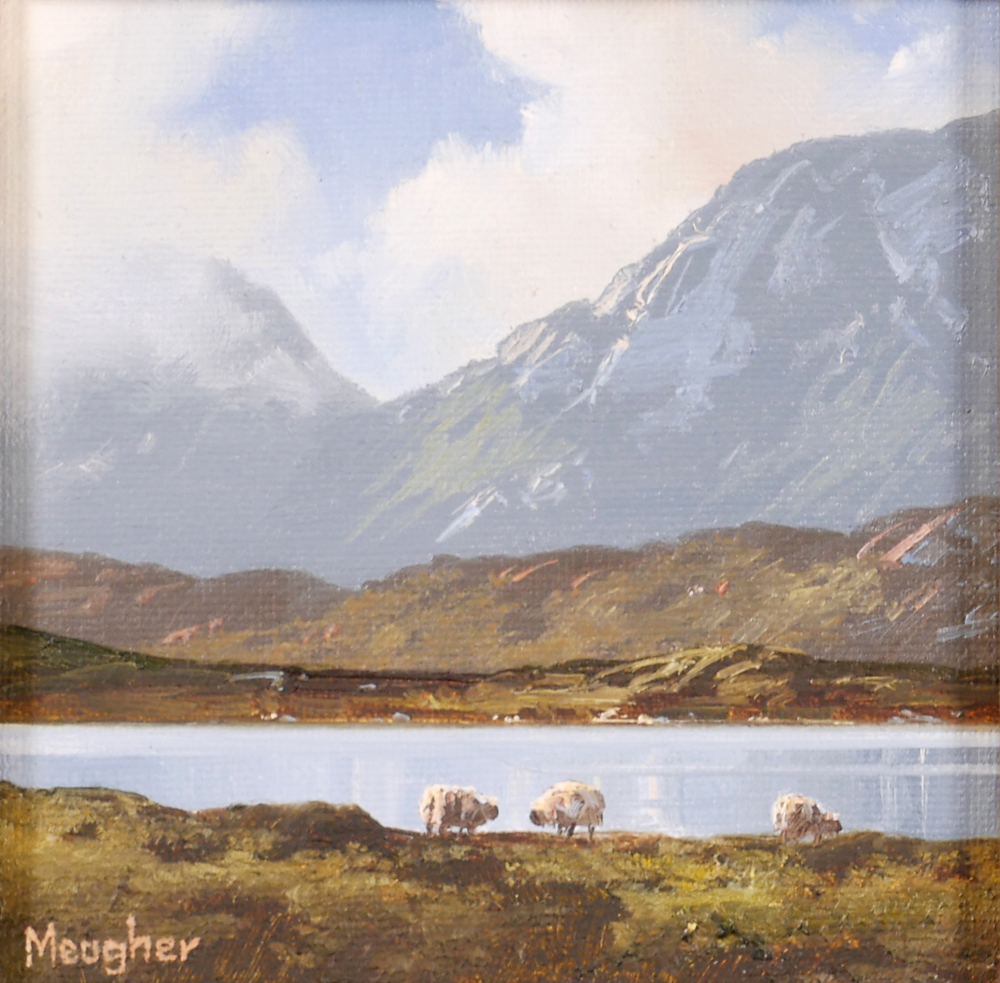 SHEEP AT LOUGH INAGH, CONNEMARA, 2002 and FAMINE COTTAGE, ROUNDSTONE BOG, CONNEMARA, 2002 (A PAIR) by Eileen Meagher (b.1946) at Whyte's Auctions