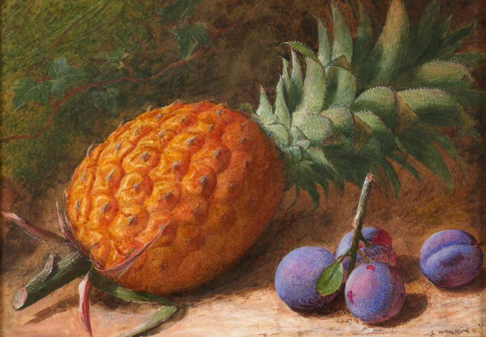 STILL LIFE OF A PINEAPPLE AND PLUMS ON A MOSSY , 1872 by Charles Henry Slater sold for �130 at Whyte's Auctions
