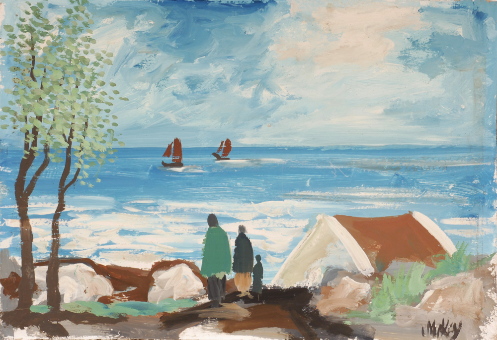 COASTAL SCENE WITH FIGURES AND SAILBOATS by Markey Robinson (1918-1999) at Whyte's Auctions