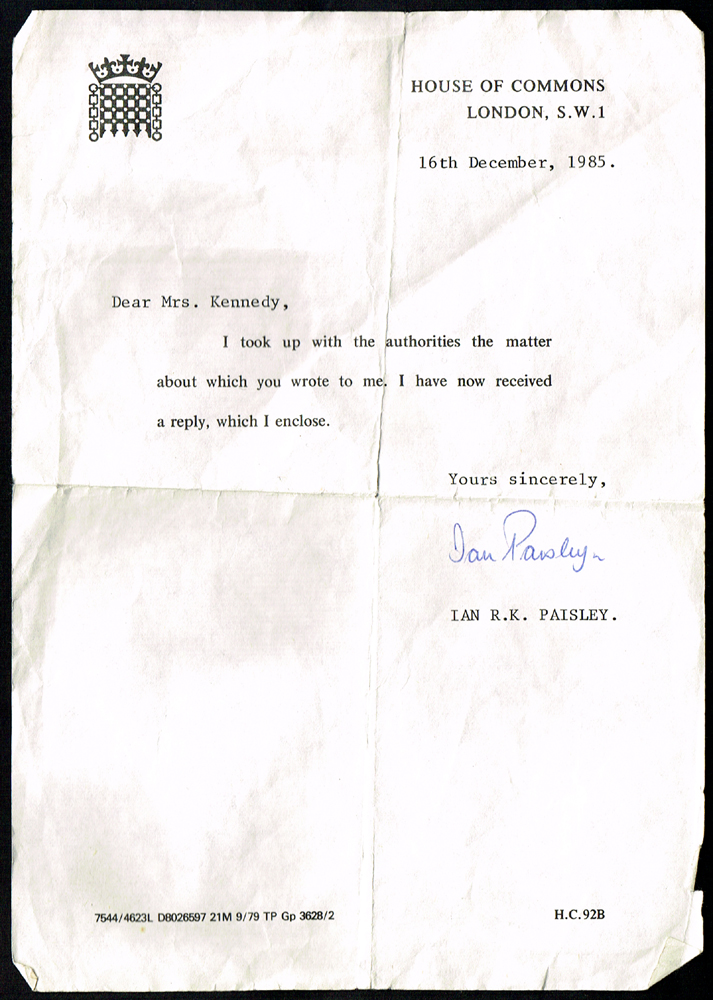 1985 (December 16) signed letter from Rev. Ian Paisley MP. at Whyte's Auctions