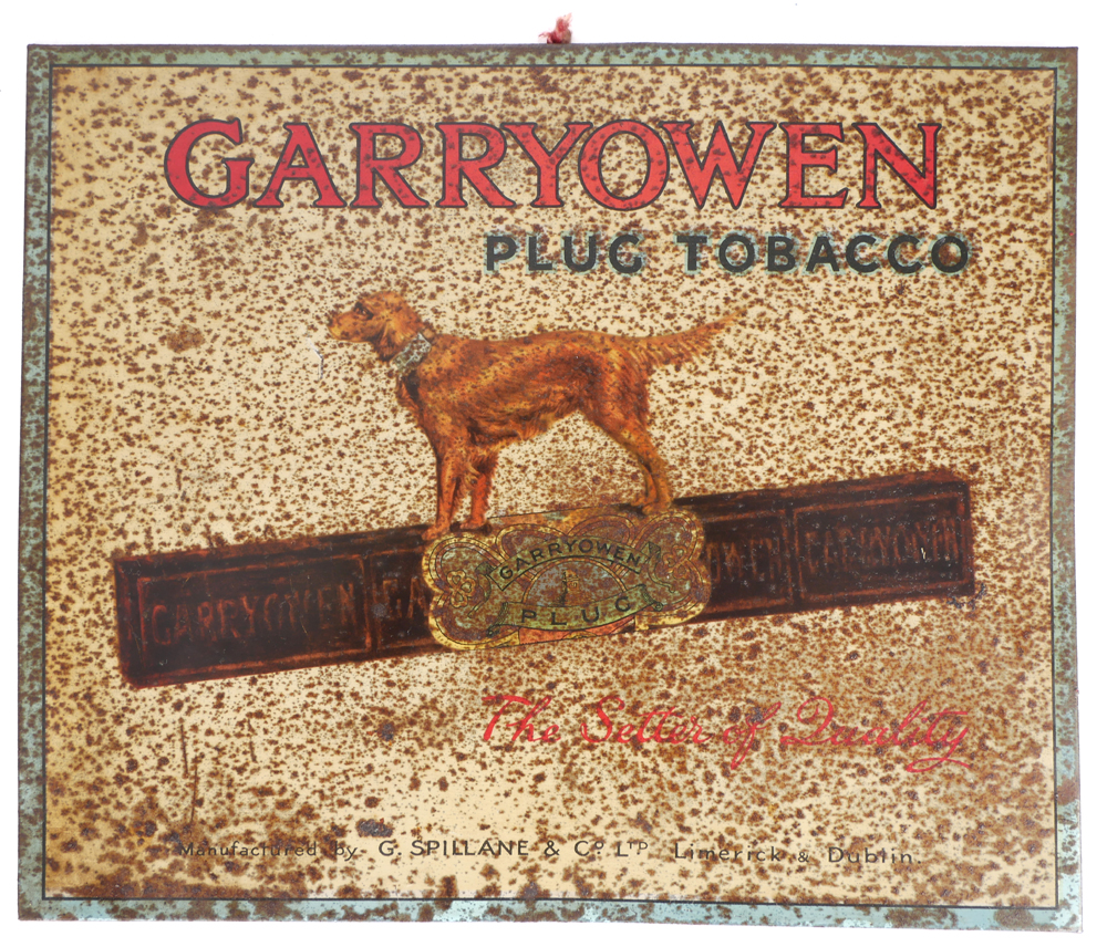 Garryowen Plug Tobacco - The Setter of Quality tin advertising sign. at Whyte's Auctions