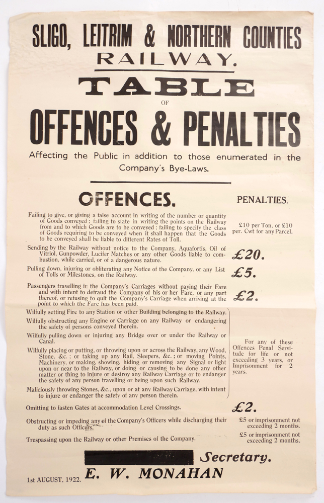 1894-1922 Sligo, Leitrim and Northern Counties Railway, Bye-Laws and Regulations Posters. at Whyte's Auctions
