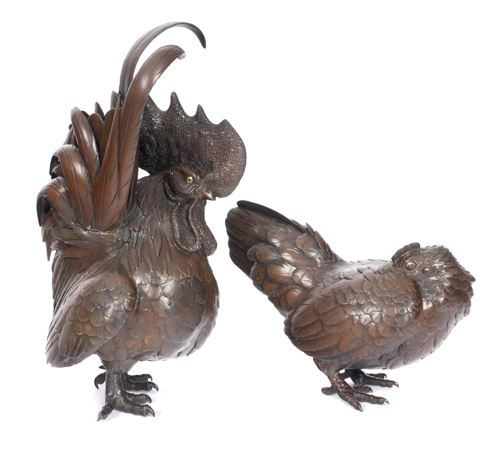 19th century Japanese bronze figures of a cockerel and a hen. at Whyte's Auctions
