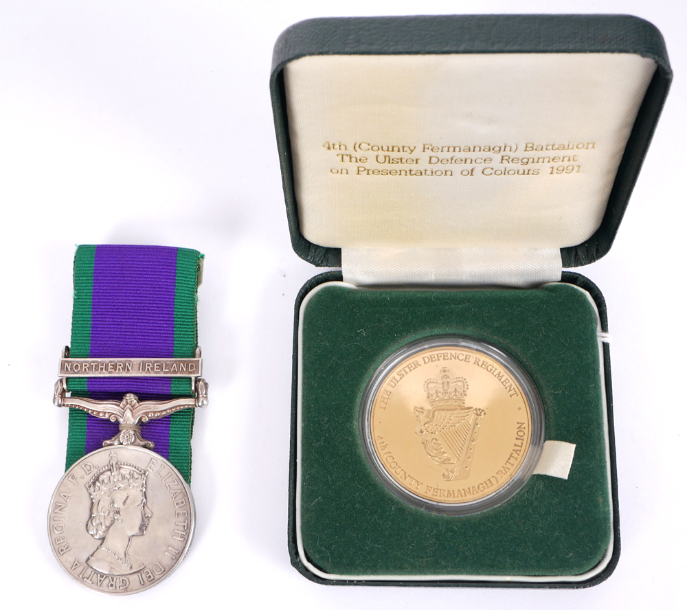 Ulster Defence Regiment Service Medal and Presentation of Colours medal. at Whyte's Auctions