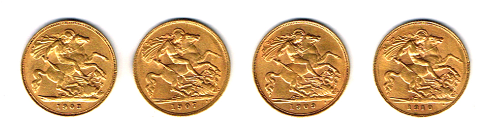 Edward VII gold half-sovereigns, 1903, 1907, 1909 and 1910. at Whyte's Auctions