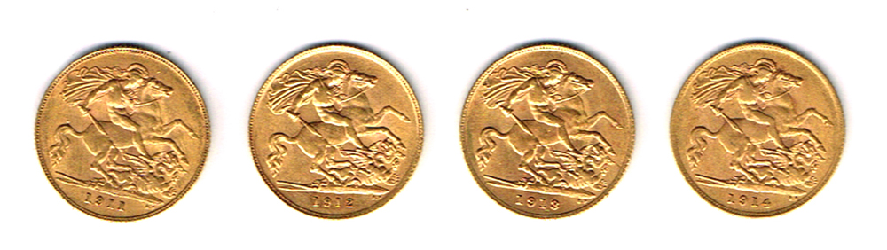 George V gold half sovereigns, 1911, 1912, 1913 and 1914. at Whyte's Auctions