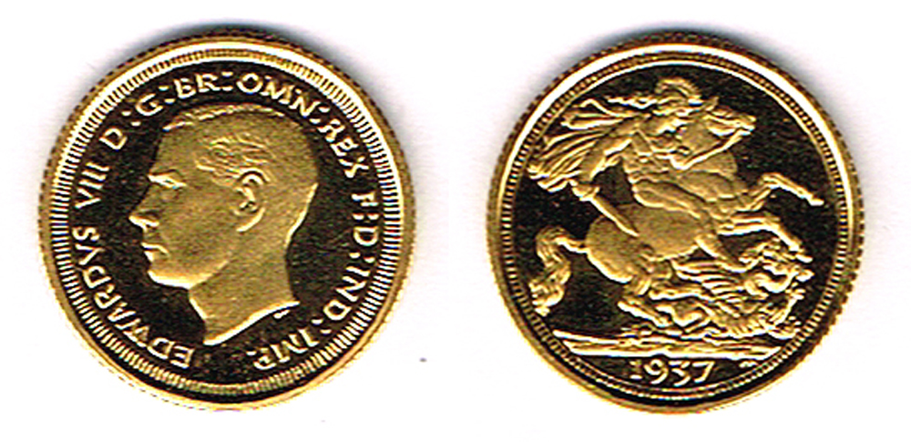 Edward VIII gold fantasy half sovereign and quarter sovereign, Elizabeth II half sovereign, 1980 and an Isle of Man gold half-crown 2007. at Whyte's Auctions