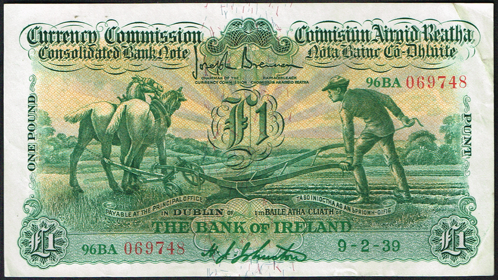 Currency Commission Consolidated Banknote 'Ploughman' One Pound, Bank of Ireland, 9-2-39, sequential trio. at Whyte's Auctions
