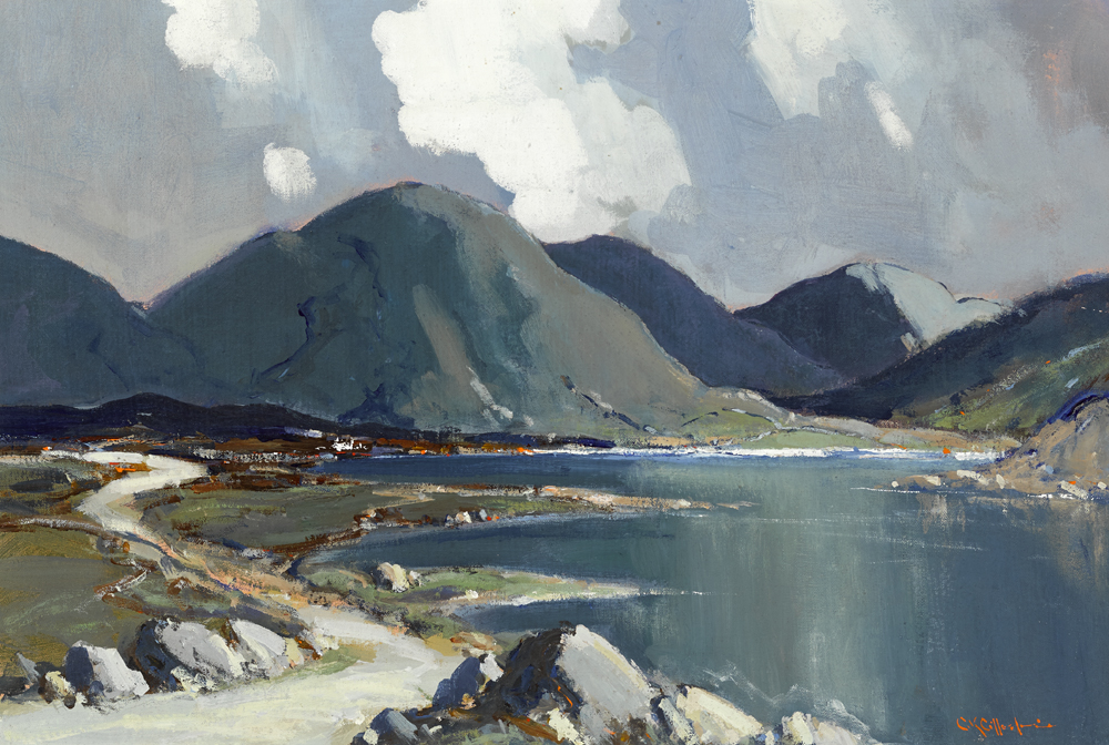 LAKE WITH MOUNTAINS IN THE DISTANCE, WEST OF IRELAND by George K. Gillespie RUA (1924-1995) at Whyte's Auctions