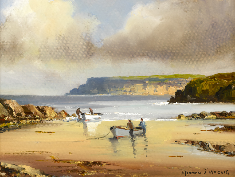 LOBSTER BOATS, CUSHENDUN, COUNTY ANTRIM by Norman J. McCaig (1929-2001) at Whyte's Auctions
