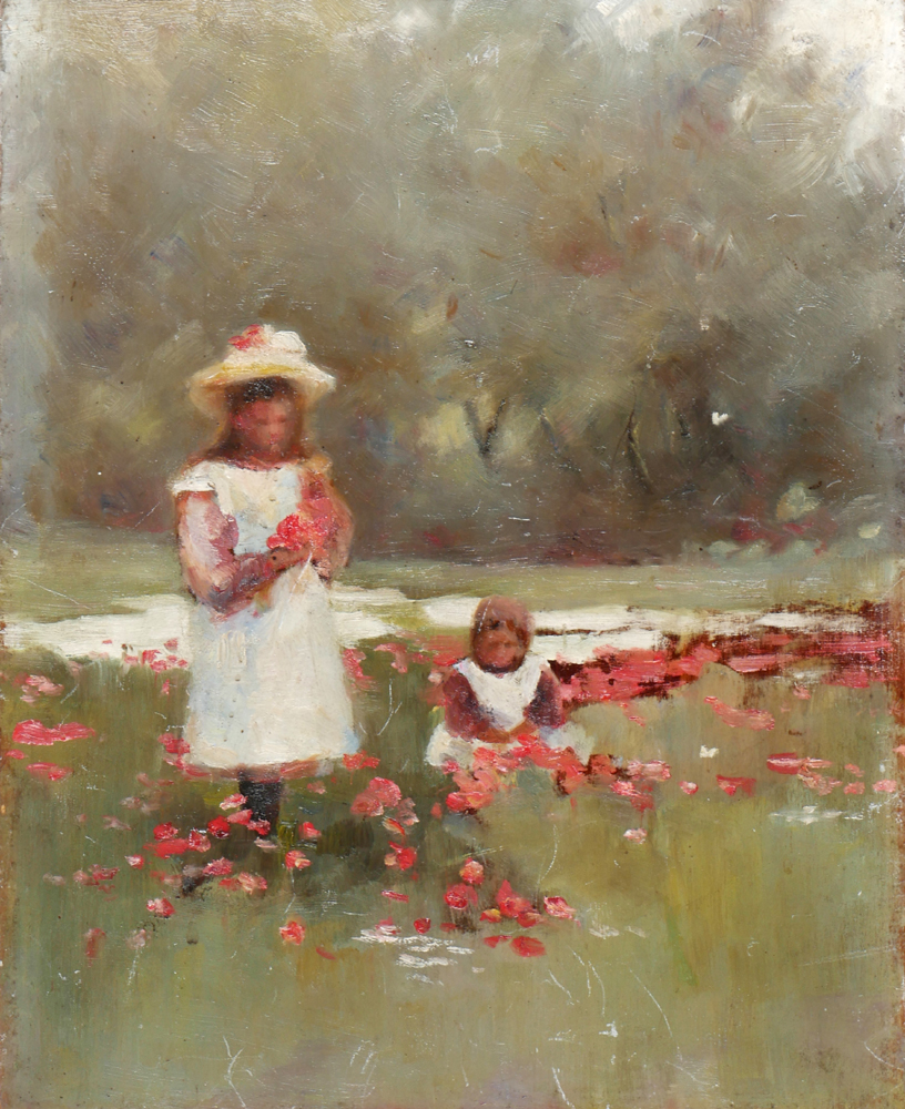 TWO GIRLS PICKING RED FLOWERS WITH A LANDSCAPE ON REVERSE at Whyte's Auctions