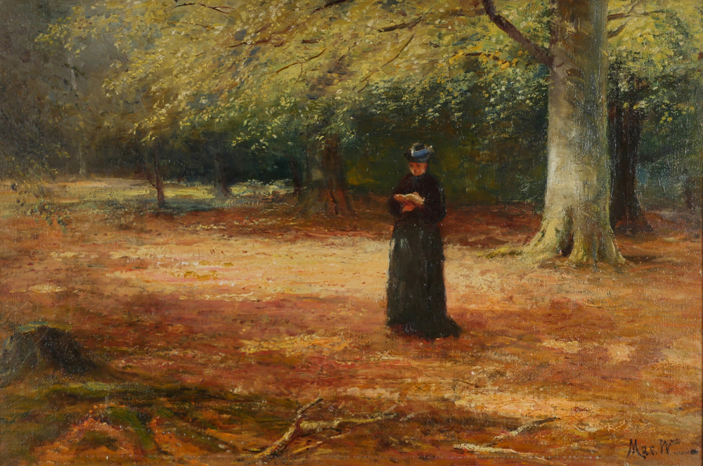 AUTUMN SCENE, WOMAN READING IN WOODLAND by John MacWhirter sold for �320 at Whyte's Auctions